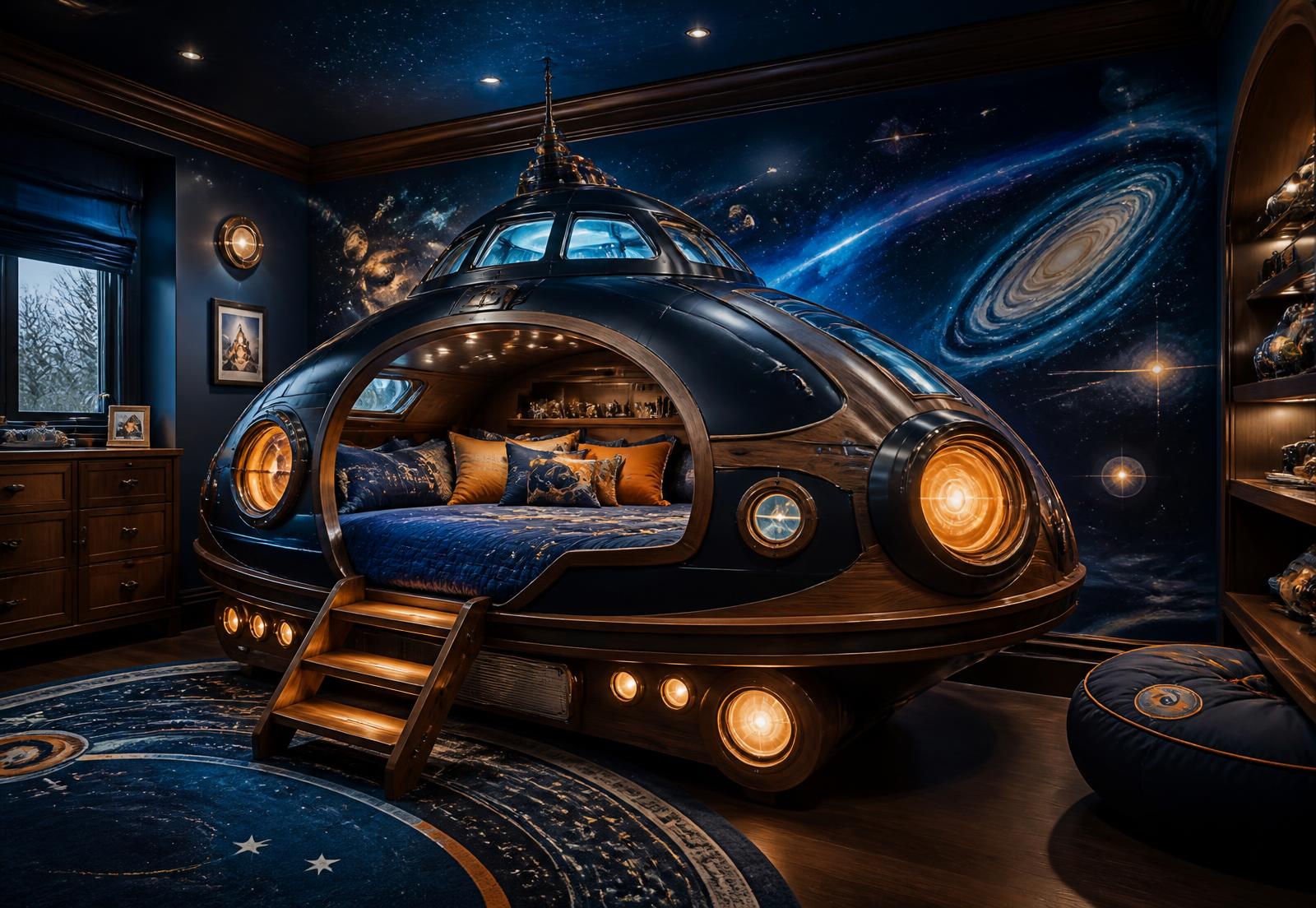 Custom spaceship bed with a hand-airbrushed galaxy mural in a themed kids bedroom
