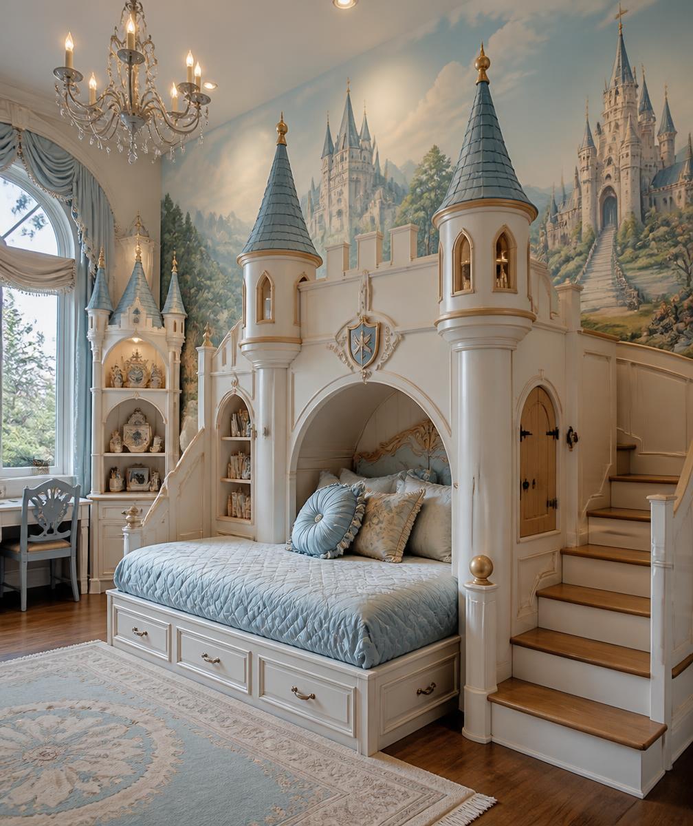 Princess castle themed bedroom with a custom wooden castle bed and painted mural